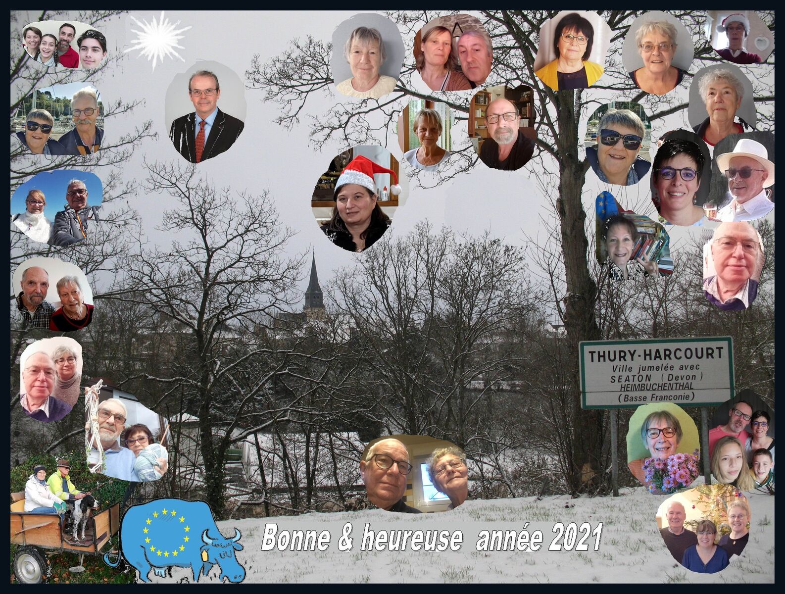 Fotocollage aus vielen Einzelfotos, der Text sagt 'Bonne & heureuse année 2021', im Hintergrund der verschneite Ort Thury-Harcourt