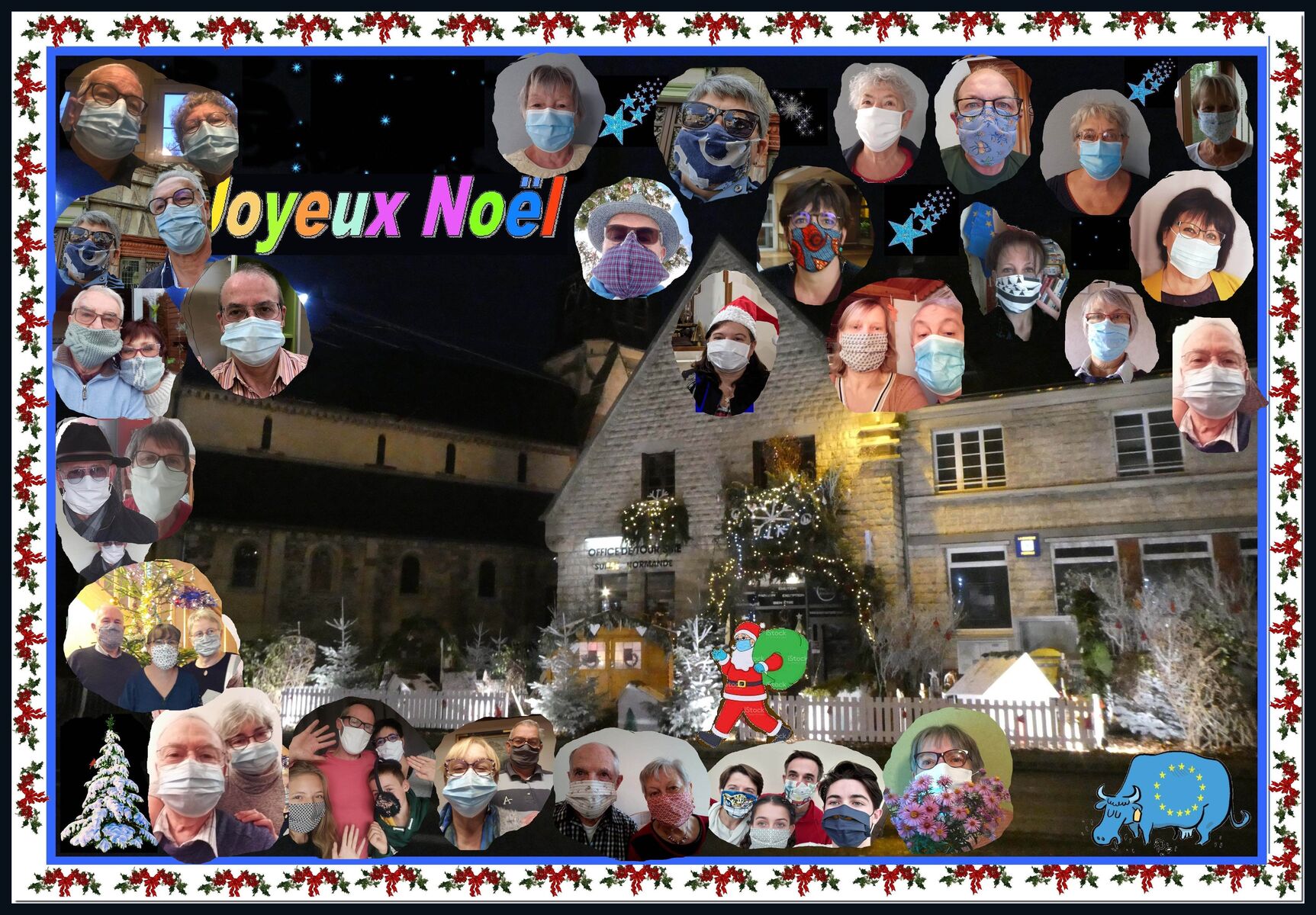 Fotocollage mit vielen Einzelfotos von Menschen mit Mund-Nasen-Bedeckung, in der Mitte steht 'Joyeux Noel' und im Hintergrund ist ein weihnachtlich geschmückter Ort zu sehen